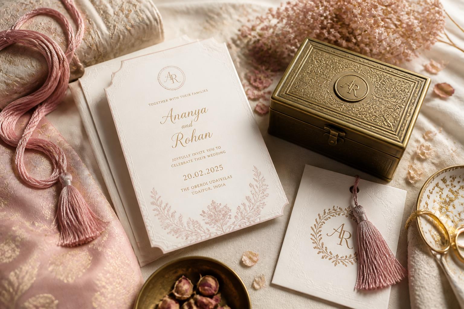 Wedding gifting flat-lay with invitation suite, rose silk thread and a brass keepsake box